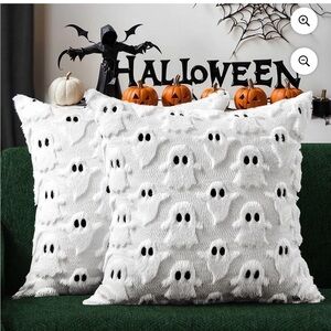 New! Ghost Pattern Plush Throw Pillow Cover - White Halloween Accent - Set of 2